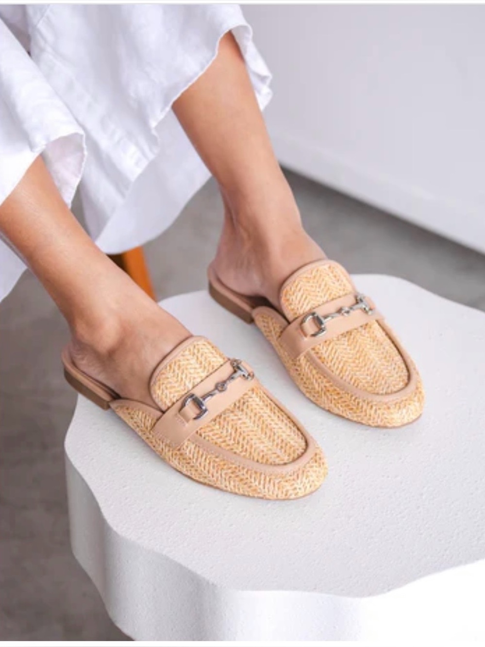 New MIA Woven Leather-Trim Mule Loafers in Natural Tan Sz. 7.5